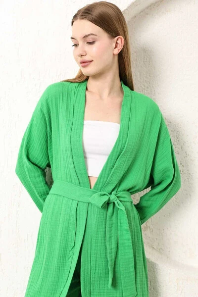 Benetton yashil rangli muslin ayollar uchun kimono shim ikki qismli to'plam, elastik bel, to'g'ri oyoq, kamar bilan - 3