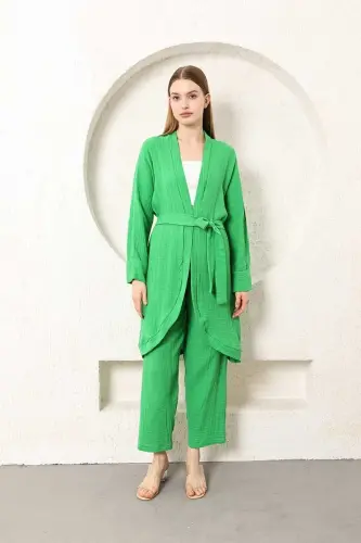 Benetton yashil rangli muslin ayollar uchun kimono shim ikki qismli to'plam, elastik bel, to'g'ri oyoq, kamar bilan 