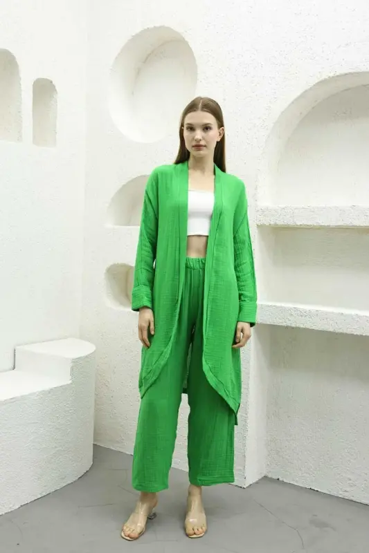Benetton yashil rangli muslin ayollar uchun kimono shim ikki qismli to'plam, elastik bel, to'g'ri oyoq, kamar bilan - 5