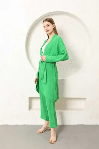 Benetton yashil rangli muslin ayollar uchun kimono shim ikki qismli to'plam, elastik bel, to'g'ri oyoq, kamar bilan - 8