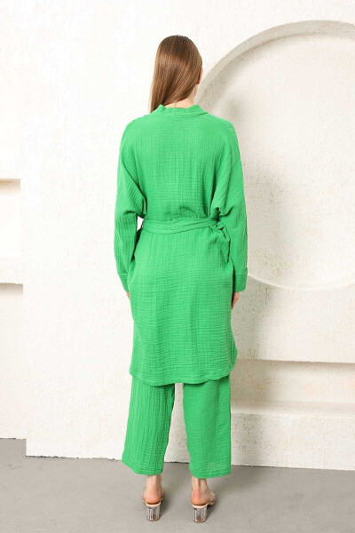 Benetton Yeşili %100 Pamuk Müslin Kadın Kimono Pantolon Ikili Takım Beli Lastikli Düz Paça Kuşaklı-Benetton - 7