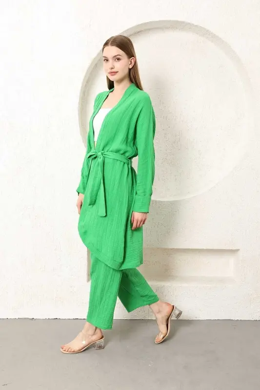 Benetton Yeşili %100 Pamuk Müslin Kadın Kimono Pantolon Ikili Takım Beli Lastikli Düz Paça Kuşaklı - Benetton - 6