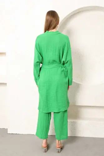 Benetton Yeşili %100 Pamuk Müslin Kadın Kimono Pantolon Ikili Takım Beli Lastikli Düz Paça Kuşaklı - Benetton - 7