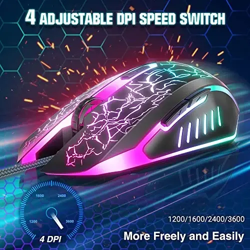 BENGOO Gaming Mouse Wired, Ergonomic Gamer Laptop PC Optical Computer Mice with RGB Backlit, 4 Adjustable DPI Up to 3600, 6 Programmable Buttons for Windows 7/8/10/XP Vista Linux -Black - 2