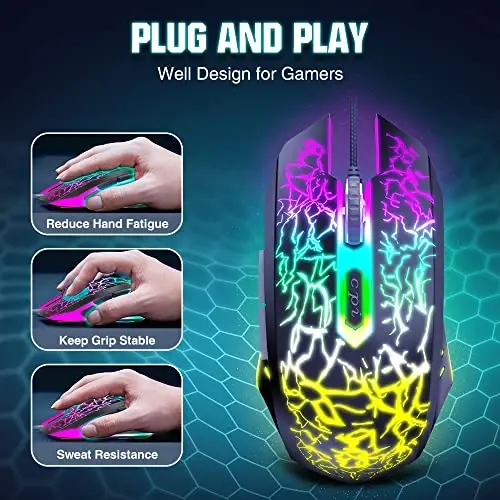 BENGOO Gaming Mouse Wired, Ergonomic Gamer Laptop PC Optical Computer Mice with RGB Backlit, 4 Adjustable DPI Up to 3600, 6 Programmable Buttons for Windows 7/8/10/XP Vista Linux -Black - 3