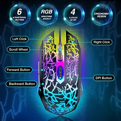 BENGOO Gaming Mouse Wired, Ergonomic Gamer Laptop PC Optical Computer Mice with RGB Backlit, 4 Adjustable DPI Up to 3600, 6 Programmable Buttons for Windows 7/8/10/XP Vista Linux -Black - 5