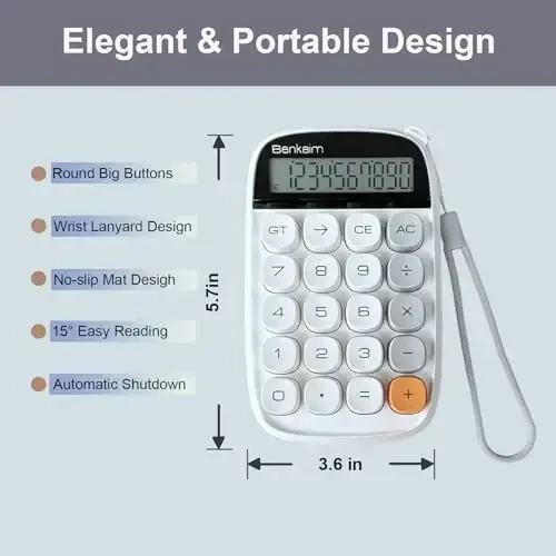 Benkaim Desktop Calculator - Basic Standard 10 Digit Large LCD Display, Cute Desk Accessory for School, Office and Business Use (White) - 2
