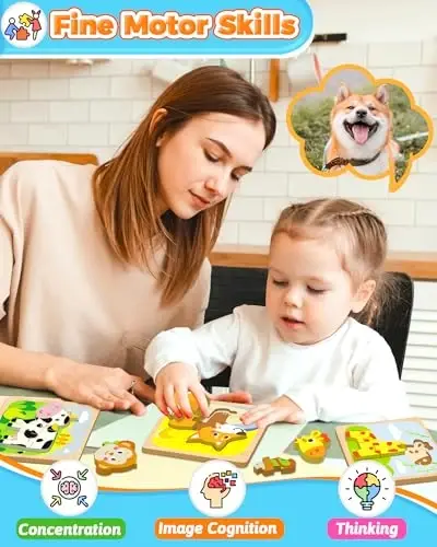Benresive Wooden Toddler Puzzles, 8pcs Animal Montessori Toys for 1-3 Year Old Boys & Girls, Learning Educational Preschool Toys, Great Gifts for 1 2 3 Year Olds - BENRESIVE (1)