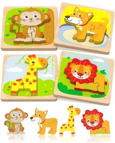 Benresive Wooden Toddler Puzzles, 4pcs Animal Montessori Toys for 1-3 Year Old Boys & Girls, Learning Educational Preschool Toys, Great Gifts for 1 2 3 Year Olds - 1