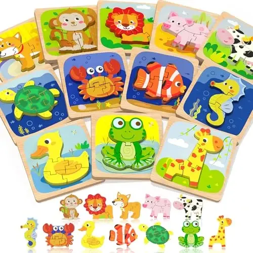 Benresive Wooden Toddler Puzzles, 12pcs Animal Montessori Toys for 1-3 Year Old Boys & Girls, Learning Educational Preschool Toys, Great Easter Basket Stuffers Gifts for 1 2 3 Year Olds 