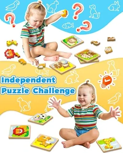 Benresive Wooden Toddler Puzzles, 12pcs Animal Montessori Toys for 1-3 Year Old Boys & Girls, Learning Educational Preschool Toys, Great Gifts for 1 2 3 Year Olds - 3