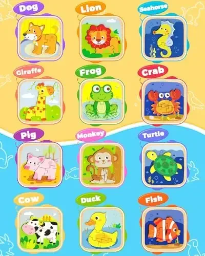 Benresive Wooden Toddler Puzzles, 12pcs Animal Montessori Toys for 1-3 Year Old Boys & Girls, Learning Educational Preschool Toys, Great Gifts for 1 2 3 Year Olds - 4