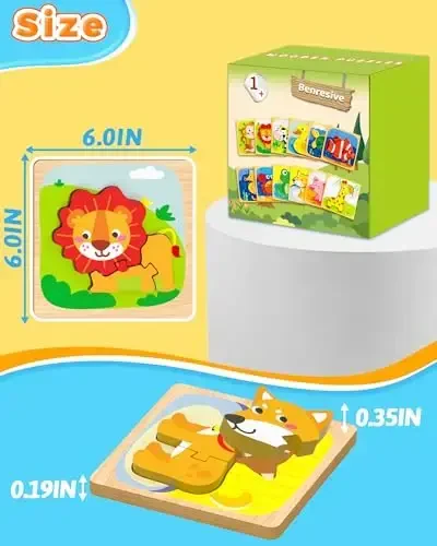 Benresive Wooden Toddler Puzzles, 12pcs Animal Montessori Toys for 1-3 Year Old Boys & Girls, Learning Educational Preschool Toys, Great Gifts for 1 2 3 Year Olds - 6