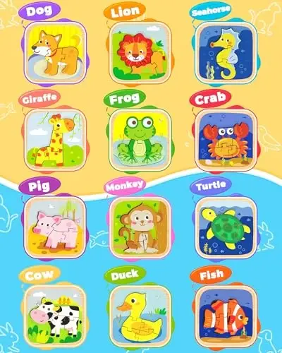 Benresive Wooden Toddler Puzzles, 12pcs Animal Montessori Toys for 1-3 Year Old Boys & Girls, Learning Educational Preschool Toys, Great Gifts for 1 2 3 Year Olds - 4
