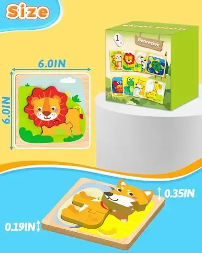 Benresive Wooden Toddler Puzzles, 8 dona Hayvon Montessori o'yinchoqlari 1-3 yoshli o'g'il va qizlar uchun, O'quv Ta'lim Maktabgacha o'yinchoqlar, 1 2 3 yoshlilar uchun ajoyib sovg'alar - 6