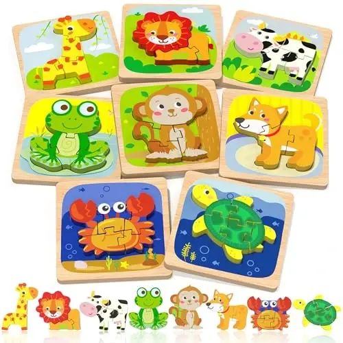 Benresive Wooden Toddler Puzzles, 8 dona Hayvon Montessori o'yinchoqlari 1-3 yoshli o'g'il va qizlar uchun, O'quv Ta'lim Maktabgacha o'yinchoqlar, 1 2 3 yoshlilar uchun ajoyib sovg'alar - BENRESIVE