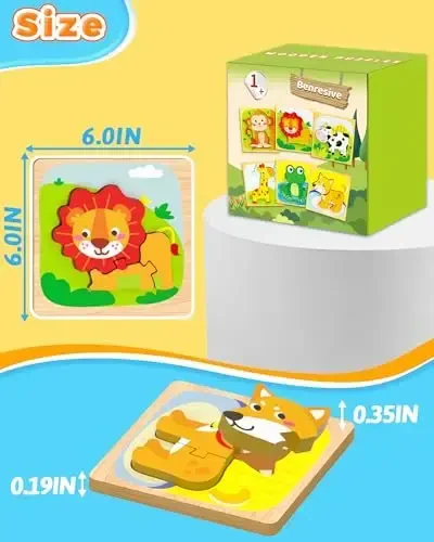 Benresive yog'och bolalar jumboqlari, 6 dona Hayvonlar Montessori o'yinchoqlari 1-3 yoshli o'g'il va qiz bolalar uchun, o'rganish ta'limiy maktabgacha yoshdagi o'yinchoqlar, 1 2 3 yoshli bolalar uchun ajoyib sovg'alar - 6