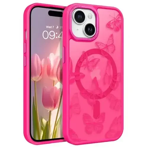 BENTOBEN чехол для iPhone 15 Plus, милый чехол для iPhone 15 Plus с рисунком бабочки, магнитный чехол [совместим с MagSafe], полупрозрачный матовый тонкий защитный чехол для женщин и девочек 6,7 дюйма, ярко-розовый - 12