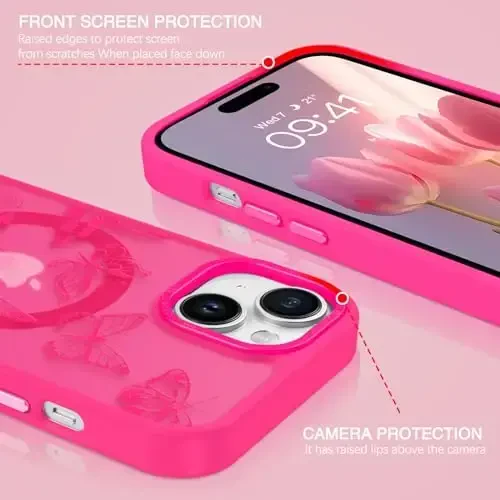 BENTOBEN чехол для iPhone 15 Plus, милый чехол для iPhone 15 Plus с рисунком бабочки, магнитный чехол [совместим с MagSafe], полупрозрачный матовый тонкий защитный чехол для женщин и девочек 6,7 дюйма, ярко-розовый - 2