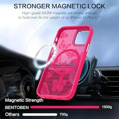 BENTOBEN чехол для iPhone 15 Plus, милый чехол для iPhone 15 Plus с рисунком бабочки, магнитный чехол [совместим с MagSafe], полупрозрачный матовый тонкий защитный чехол для женщин и девочек 6,7 дюйма, ярко-розовый - 4