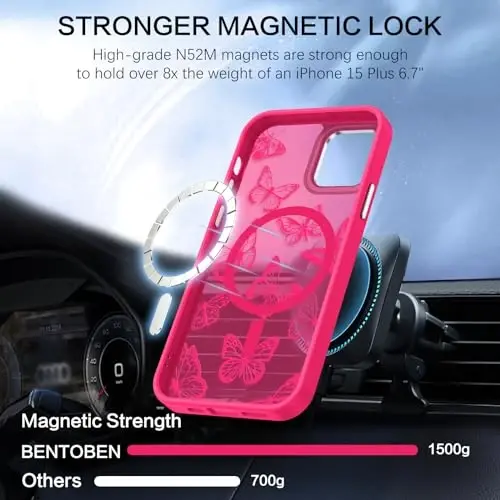 BENTOBEN чехол для iPhone 15 Plus, милый чехол для iPhone 15 Plus с рисунком бабочки, магнитный чехол [совместим с MagSafe], полупрозрачный матовый тонкий защитный чехол для женщин и девочек 6,7 дюйма, ярко-розовый - 4