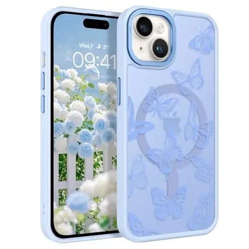BENTOBEN for iPhone 15 Plus Case,Cute Butterfly Pattern [Compatible with MagSafe] Translucent Matte Thin Slim Women Girls Men Boys Shockproof Protective Cover for iPhone 15 Plus Phone Case,Mist Blue - 1