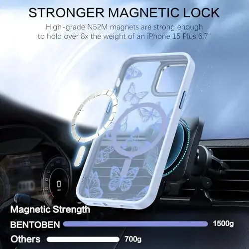 BENTOBEN iPhone 15 Plus Case, Cute Butterfly Pattern Magnetic Case [MagSafe Compatible] Translucent Matte Slim Women's Protective Case for iPhone 15 Plus 6.7