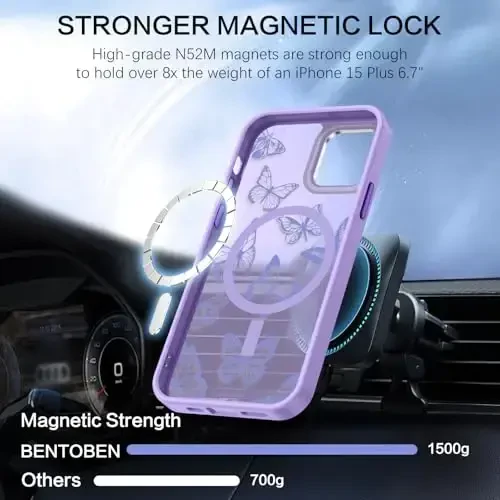 BENTOBEN iPhone 15 Plus Case, Cute Butterfly Pattern Magnetic Case [MagSafe Compatible] Translucent Matte Slim Women's Protective Case for iPhone 15 Plus 6.7