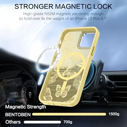 BENTOBEN iPhone 15 Plus Case, Cute Butterfly Pattern Magnetic Case [MagSafe Compatible] Translucent Matte Slim Women's Protective Case for iPhone 15 Plus 6.7