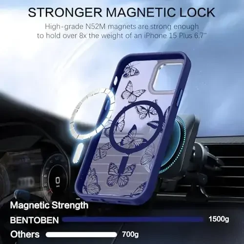 BENTOBEN for iPhone 15 Plus Case,Cute Butterfly Pattern iPhone 15 Plus Magnetic Cover [Compatible with MagSafe] Translucent Matte Slim Women Girl Protective Case 6.7