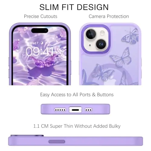 BENTOBEN iPhone 15 Plus Kılıfı, Sevimli Kelebek Desenli Manyetik Kılıf [MagSafe Uyumlu] Yarı Saydam Mat İnce Kadın Koruyucu Kılıf iPhone 15 Plus 6.7