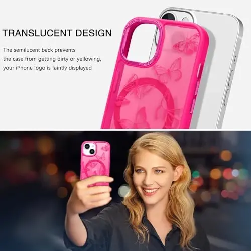BENTOBEN iPhone 15 Plus uchun g'ilof, yoqimli kapalak naqshli iPhone 15 Plus magnitli g'ilof [MagSafe bilan mos] Shaffof matli ingichka ayollar qizlar uchun himoya qopqog'i 6,7
