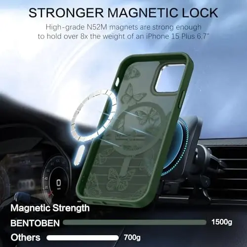 BENTOBEN iPhone 15 Plus uchun g'ilof, yoqimli kapalak naqshli iPhone 15 Plus magnitli g'ilofi [MagSafe bilan mos] Yaltiroq matli nozik ayollar qizlar himoya g'ilofi 6,7