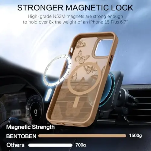 BENTOBEN iPhone 15 Plus uchun g'ilof, yoqimli kapalak naqshli iPhone 15 Plus magnitli g'ilofi [MagSafe bilan mos] Yarim shaffof matli ingichka ayollar qizlar himoya qopqog'i 6,7