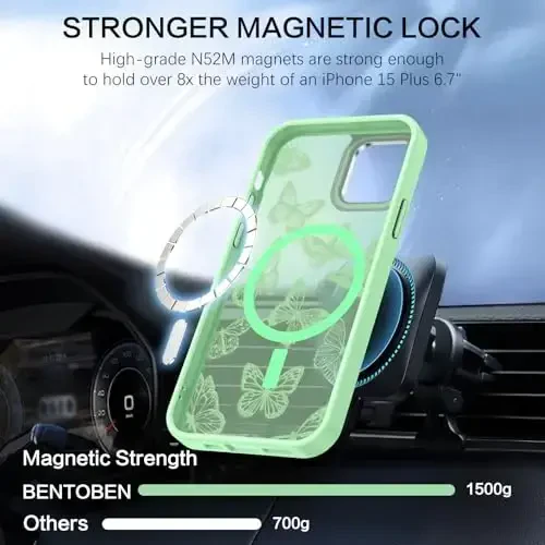 BENTOBEN iPhone 15 Plus uchun g'ilof, yoqimli kapalak naqshli iPhone 15 Plus magnitli qopqoq [MagSafe bilan mos] Shaffof matli ingichka ayollar qizlar himoya g'ilofi 6,7