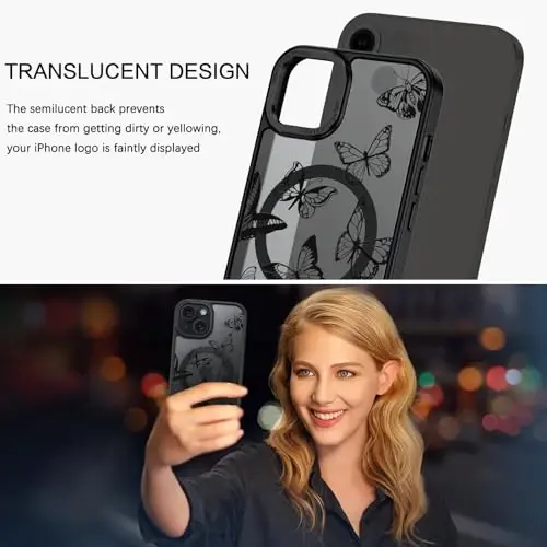 BENTOBEN iPhone 15 Plus uchun g'ilof, yoqimli kapalak naqshli iPhone 15 Plus magnitli qopqoq [MagSafe bilan mos] Shaffof matli ingichka ayollar qizlar himoya g'ilofi 6,7