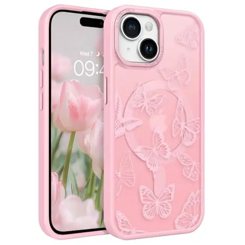 BENTOBEN iPhone 15 Plus uchun gʻilofi, yoqimli kapalak naqshli iPhone 15 Plus magnitli gʻilofi [MagSafe bilan mos] Yarim shaffof matli ingichka ayollar qizlar uchun himoya qopqogʻi 6,7