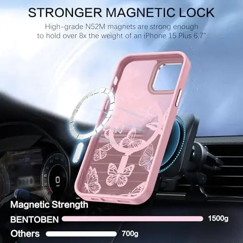 BENTOBEN iPhone 15 Plus uchun gʻilofi, yoqimli kapalak naqshli iPhone 15 Plus magnitli gʻilofi [MagSafe bilan mos] Yarim shaffof matli ingichka ayollar qizlar uchun himoya qopqogʻi 6,7