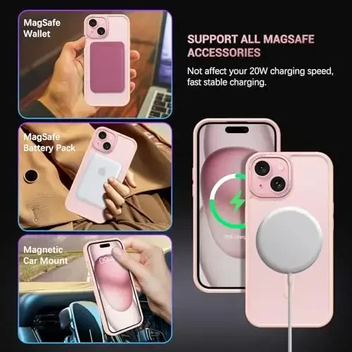 BENTOBEN iPhone 15 Plus uchun mos keladigan g'ilof, shaffof matli ingichka zarbga chidamli magnitli telefon g'ilofi [MagSafe bilan mos keladi] Ayollar Erkaklar Qiz Bola iPhone 15 Plus uchun himoya qopqog'i, Tender Pink - 4