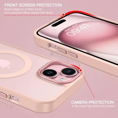 BENTOBEN iPhone 15 Plus uchun mos keladigan g'ilof, shaffof matli ingichka zarbga chidamli magnitli telefon g'ilofi [MagSafe bilan mos keladi] Ayollar Erkaklar Qiz Bola iPhone 15 Plus uchun himoya qopqog'i, Tender Pink - 5