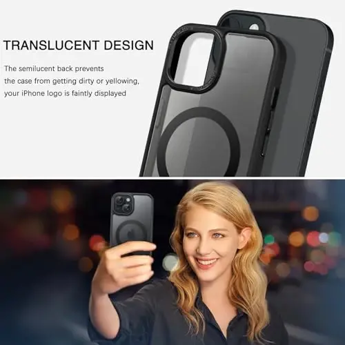 BENTOBEN iPhone 15 Plus uchun mos keladigan g'ilof, yarim shaffof matli ingichka zarbga chidamli magnit telefon g'ilofi [MagSafe bilan mos], ayollar, erkaklar, qizlar, o'g'il bolalar uchun himoya qopqog'i, iPhone 15 Plus, qora - 4