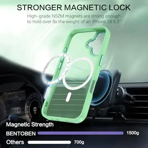 BENTOBEN Magnetic for iPhone 16 Case, Phone Case iPhone 16 [Magsafe bilan mos] Yarim oʻtkazgichli mat iPhone 16 gʻilofi, iPhone 16 uchun ingichka zarbaga chidamli ayollar erkaklar himoya qopqogʻi, Matcha Green - 3