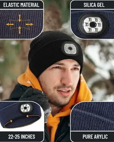 Beanie Headlamp - Unisex Winter Knit Cap Gifts for Men Dad Father with LED Hands Free USB Rechargeable Caps - 4