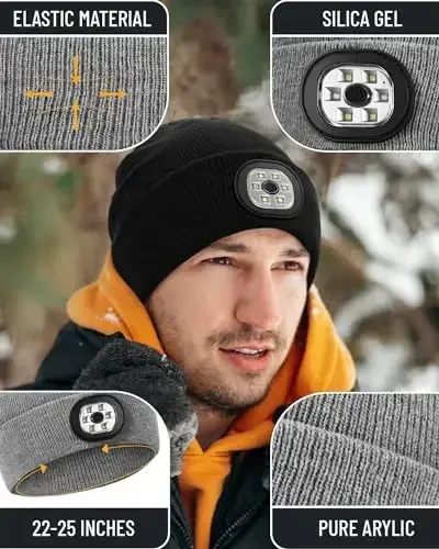 Beanie Headlamp - Unisex Winter Knit Cap Gifts for Men Dad Father with LED Hands Free USB Rechargeable Caps - 4