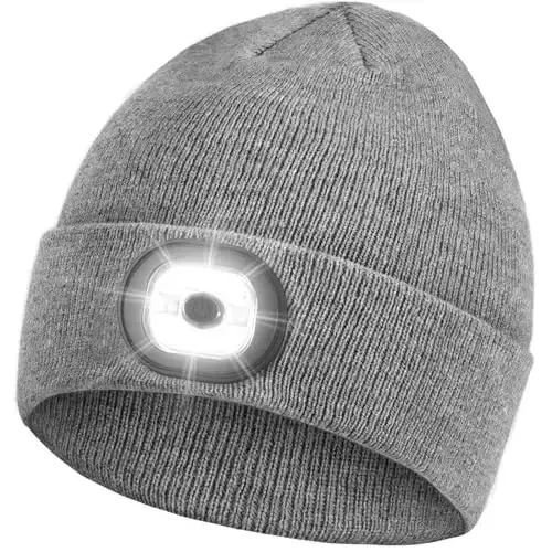 Beanie Headlamp - Unisex Winter Knit Cap Gifts for Men Dad Father with LED Hands Free USB Rechargeable Caps 