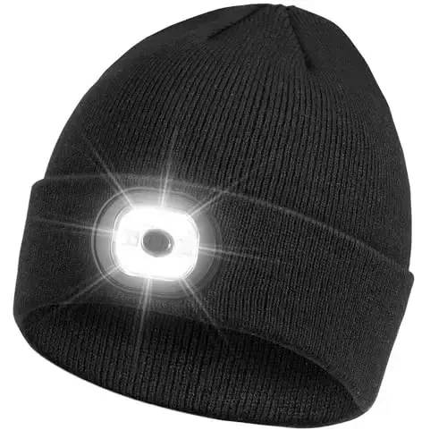 Beanie Headlamp - Unisex Winter Knit Cap Gifts for Men Dad Father with LED Hands Free USB Rechargeable Caps 