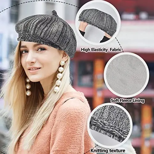 Beret ayollar shapkasi, fransuzcha uslubdagi qishki moda issiq junli astarli trikotaj shapka - 5