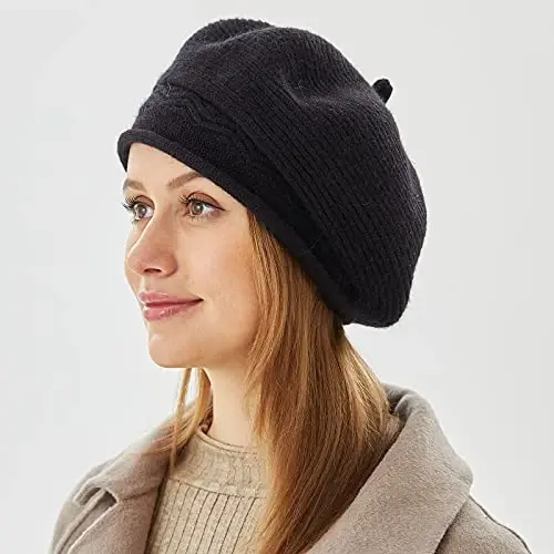 Beret ayollar uchun shlyapa, fransuzcha uslubdagi qishki moda iliq jun astarli trikotaj shapka - 5