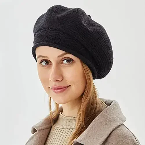 Beret ayollar uchun shlyapa, fransuzcha uslubdagi qishki moda iliq jun astarli trikotaj shapka - 4