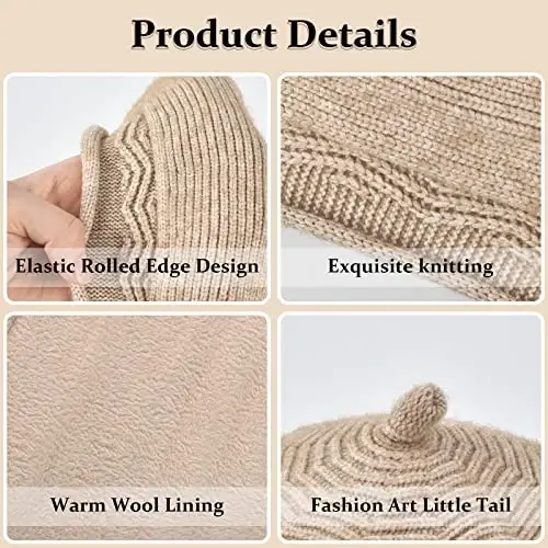 Beret ayollar uchun shlyapa, fransuzcha uslubdagi qishki moda iliq junli astarli trikotaj shapka - 4